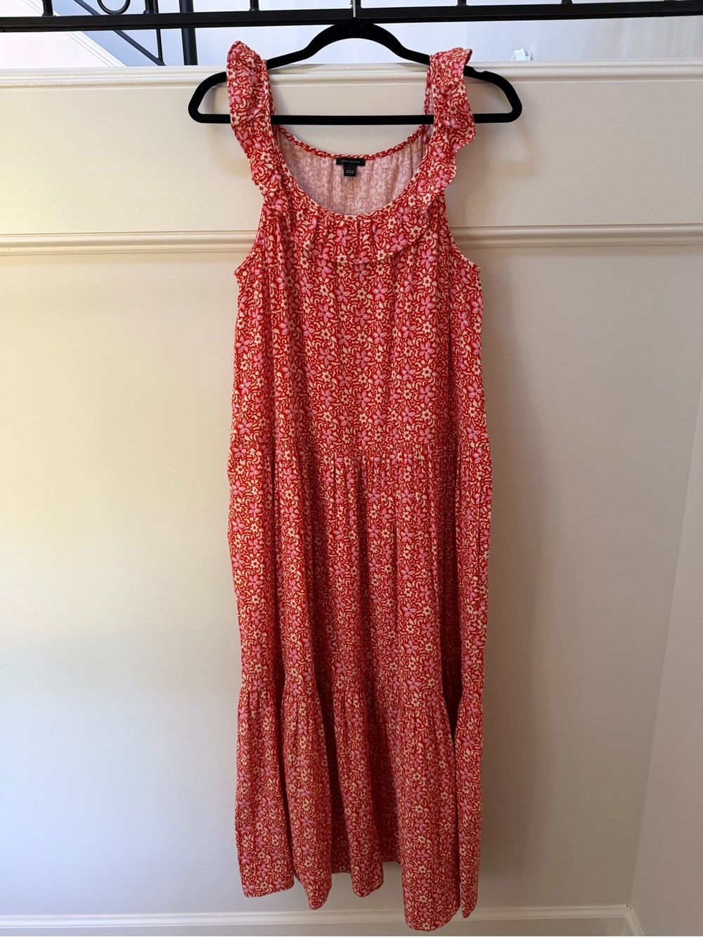 Ann Taylor Floral Tiered Maxi Dress LARGE NWOT Pockets Orange Pink Cotton